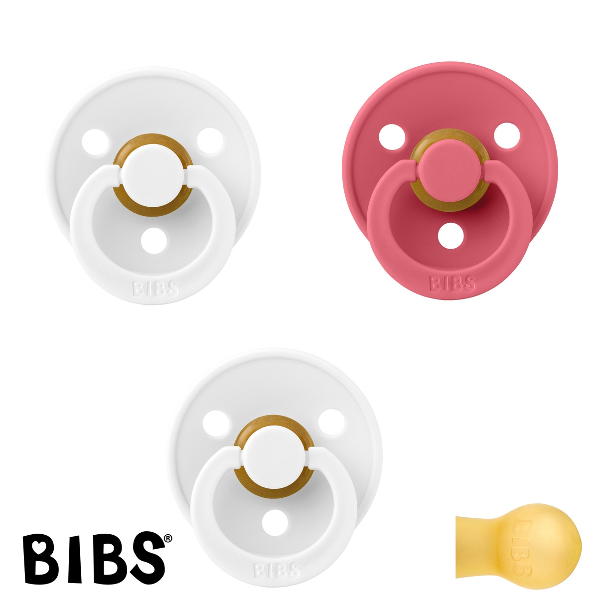 BIBS Colour Sutter med navn str2, 2 White, 1 Coral, Runde latex, Pakke med 3 sutter